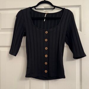 Free People Quarter Sleeve Top with Brown Buttons